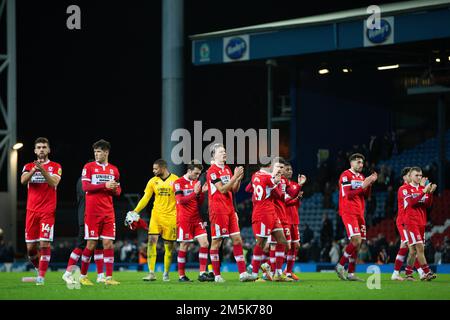 Middlesborough players applaud the fan’s after the Sky Bet Championship match Blackburn Rovers vs Middlesbrough at Ewood Park, Blackburn, United Kingdom, 29th December 2022  (Photo by Phil Bryan/News Images) Stock Photo