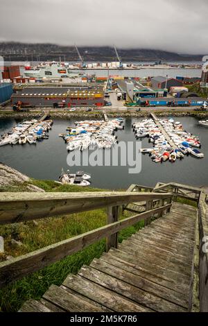 Fishing boats fill the harbour in the port of Nuuk, Greenland. Stock Photo