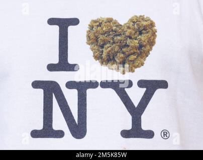 New York, United States. 28th Dec, 2022. A man wears an I Love NY sweatshirt with marijuana filling the shape of a heart outside of the Housing Works Cannabis Co. on the first day of legal recreational marijuana sales in New York City on Thursday, December, 29, 2022. The official dispensary opening at 4:20 p.m., at which time anyone over the age of 21 can enter to purchase recreational cannabis products. Photo by John Angelillo/UPI Credit: UPI/Alamy Live News Stock Photo