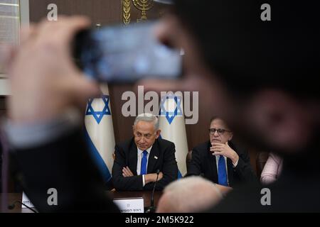 Jerusalem, Israel. 29th Dec, 2022. Newly sworn in Israeli Prime Minister Benjamin Netanyahu attends a cabinet meeting in Jerusalem on Thursday, December 29, 2022. Pool Photo by Ariel Schalit,/UPI Credit: UPI/Alamy Live News
