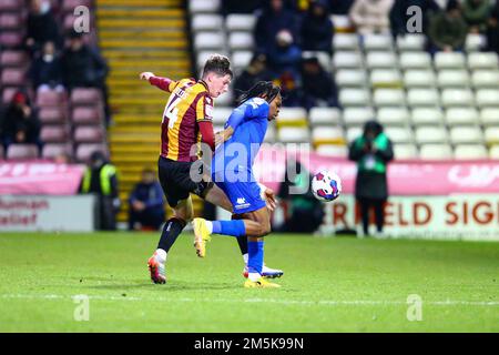 The University of Bradford Stadium, Bradford, England - 29th December 2022 Matty Foulds (14) of Bradford City battles for the ball with Sam Folarin (12) of Harrogate Town - during the game Bradford City v Rochdale, Sky Bet League Two,  2022/23, The University of Bradford Stadium, Bradford, England - 29th December 2022 Credit: Arthur Haigh/WhiteRosePhotos/Alamy Live News Stock Photo