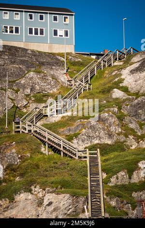 Steep set of stairs running up a cliff in Nuuk, which is located on, and is the capital city of, Greenland. Stock Photo