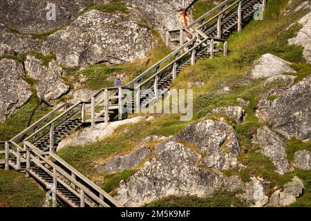 Steep set of stairs running up a cliff in Nuuk, which is located on, and is the capital city of, Greenland. Stock Photo