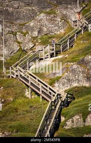 Steep set of stairs running up a cliff in Nuuk, which is located on, and is the capital city of, Greenland. Stock Photo