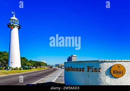 The Biloxi Lighthouse is decorated for Christmas, Dec. 28, 2022, in Biloxi, Mississippi. The lighthouse was erected in 1848. Stock Photo