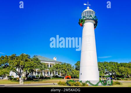 The Biloxi Lighthouse is decorated for Christmas in front of the Biloxi Visitors Center, Dec. 28, 2022, in Biloxi, Mississippi. Stock Photo