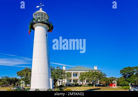 The Biloxi Lighthouse is decorated for Christmas in front of the Biloxi Visitors Center, Dec. 28, 2022, in Biloxi, Mississippi. Stock Photo