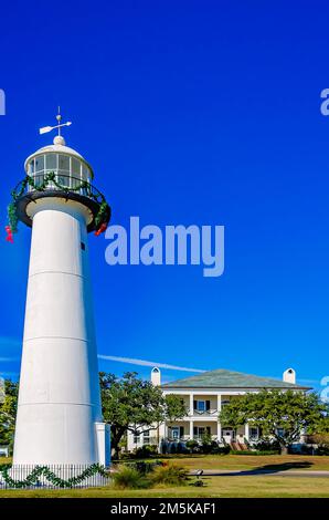 The Biloxi Lighthouse is decorated for Christmas in front of the Biloxi Visitors Center, Dec. 28, 2022, in Biloxi, Mississippi. Stock Photo