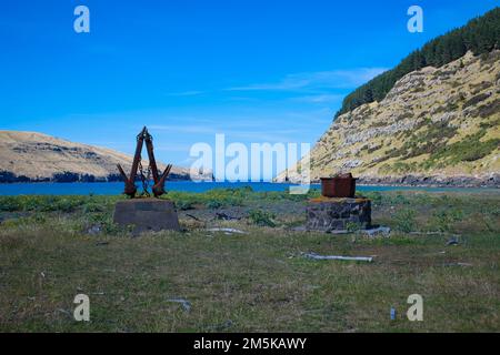 A Look at life in New Zealand: Sights along the beach in a secluded Bay, South Island, New Zealand: remnants of the old whaling station. Stock Photo