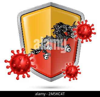 Flag of Bhutan on Metal Shiny Shield Icon and Red Corona Virus Cells. Concept of Health Care and Safety Badge. Security Safeguard Metal Label with Bhu Stock Vector
