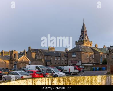 29 December 2022. Nairn,Highlands and Islands,Scotland. This is the view of Nairn Town Clock catching some sun on a winter day. This is viewed from th Stock Photo