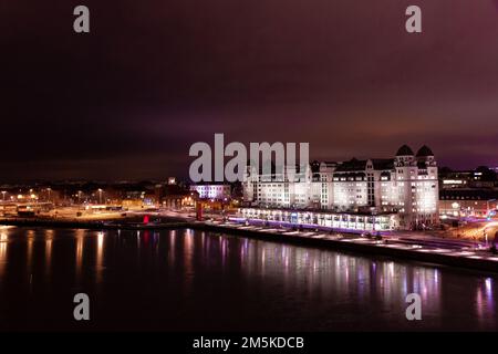 Night time view of the waterfront from the roof the Opera House in Oslo, Norway Stock Photo