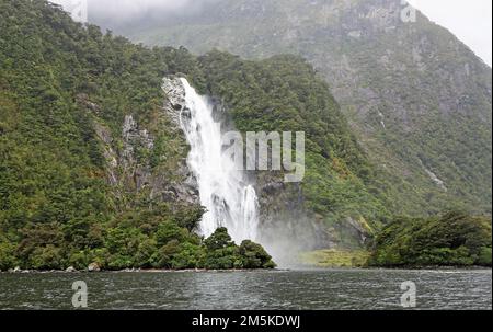 View at Lady Bowen Falls - Milford Sound, New Zealand Stock Photo