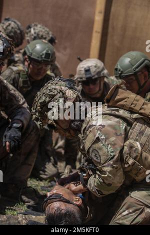 U.S. Army combat medics assigned to Company D, 2nd Battalion, 27th Infantry Regiment, 3rd Brigade, 25th Infantry Division and Philippine Army combat medics assigned to the 1st Brigade Combat Team provide simulated medical care to a casualty during a combined live fire exercise in support of Salaknib at Colonel Ernesto Rabina Air Base in Philippines, March 22, 2022. Nearly 1,100 U.S. Army Pacific Soldiers are participating in Salaknib alongside their Philippine counterparts to improve interoperability and strengthen our partnership across the Indo‐Pacific. (U.S. Army photograph by SPC Joshua Ol Stock Photo