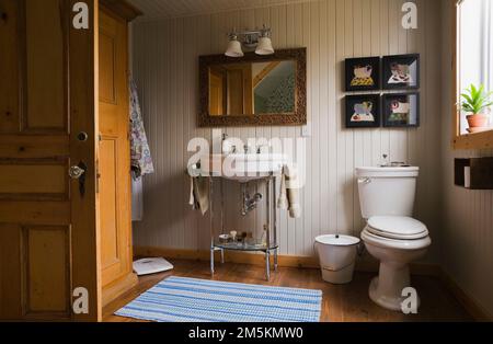 White sink on chrome stand and toilet in main bathroom inside country cottage style log home. Stock Photo