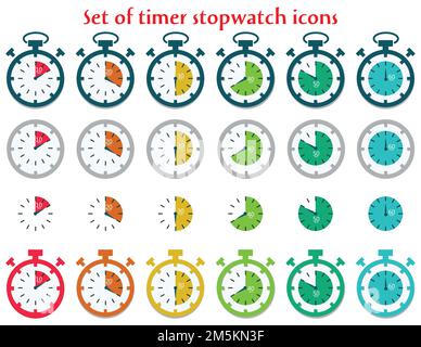Timer and clock icon set. Time symbol flat icon. Stopwatch, timer, hourglass, sand glass timer, clock. Fast time icon. Stock Vector