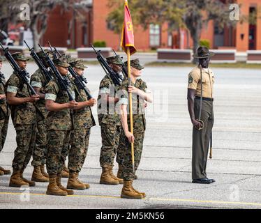 Recruits with Lima Company, 3rd Recruit Training Battalion, execute drill movements during Final Drill at Marine Corps Recruit Depot Parris Island, S.C., March 23, 2022. Final Drill tests drill instructors on their ability to give drill commands and tests recruits on their ability to execute the movements properly. Stock Photo