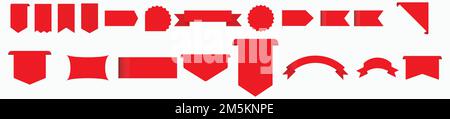 Tags red set. Sale and new label set. Red scrolls and banners isolated collection. Discount red ribbons, banners, shopping tags and icons. Stock Vector