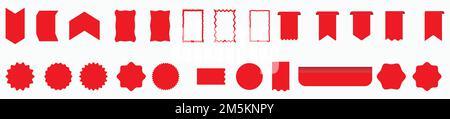 Tags red set. Sale and new label set. Red scrolls and banners isolated collection. Discount red ribbons, banners, shopping tags and icons. Stock Vector