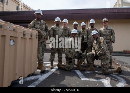 Deployed Airmen from the 117th Civil Engineer Squadron, Sumpter Smith Joint National Guard Base, Alabama, and the 908th CES, Maxwell Air Force Base, Alabama pose for photo after removing the COVID tent at Yokota Air Base, Japan, March 23, 2022. The two assisting CES teams were on a rotational deployment to help Team Yokota with larger construction projects, including the removal of the testing tent. Stock Photo