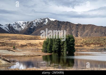 Scenic view of Lake Tekapo east bank. Beautiful view driving along the Lilybank Road from Lake Tekapo Park towards Motuariki View Point. Stock Photo