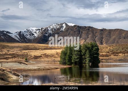 Scenic view of Lake Tekapo east bank. Beautiful view driving along the Lilybank Road from Lake Tekapo Park towards Motuariki View Point. Stock Photo