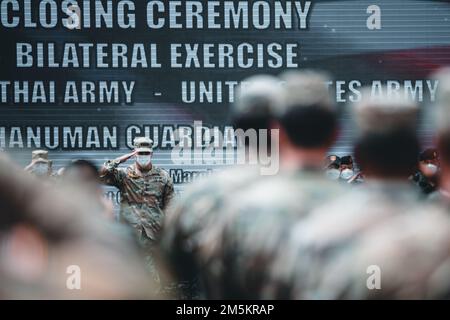 U.S. Army Gen. Charles Flynn, commander, U.S. Army Pacific, salutes during the closing ceremony of Hanuman Guardian 2022 in Lopburi, Kingdom of Thailand, March 24, 2022. HG 22 provides a venue for both the United States and the RTA to advance interoperability and increase partner capacity in planning and executing complex and realistic multinational force and combined task force operations. Stock Photo