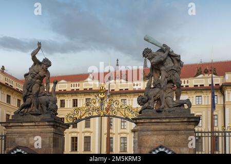 Wrestling Titans Gate at Entrance of Prague Castle - Prague, Czech Republic Stock Photo