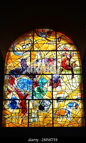 Stained glass Chagall Windows at the Abbell synagogue at the Hadassah hospital in Jerusalem. Stock Photo