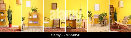 Collage of blank photo frames in stylish room interiors near yellow wall Stock Photo