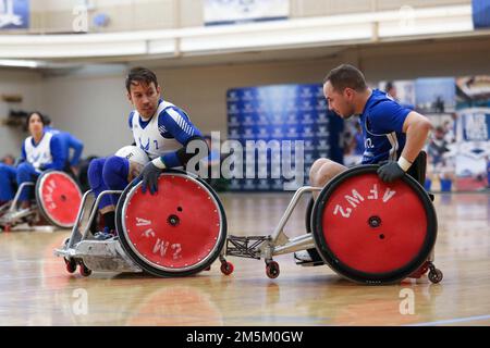 Warriors competed in wheelchair rugby during Air Force Trials at Joint base San Antonio-Randolph, Texas. Athletes competed for a spot on the Air Force team that will compete at the 2022 Department of Defense Warrior Games in August. Stock Photo