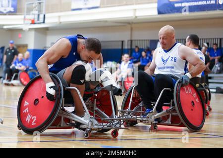 Warriors competed in wheelchair rugby during Air Force Trials at Joint base San Antonio-Randolph, Texas. Athletes competed for a spot on the Air Force team that will compete at the 2022 Department of Defense Warrior Games in August. Stock Photo