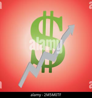 money sign or dollar sign with a silver arrow pointing upward, representing a rise in profits Stock Vector
