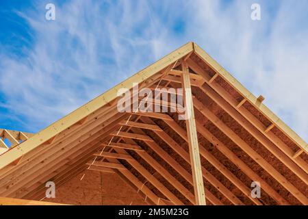 Wooden roof structure viewed from above. Construction of a new house. Stock Photo