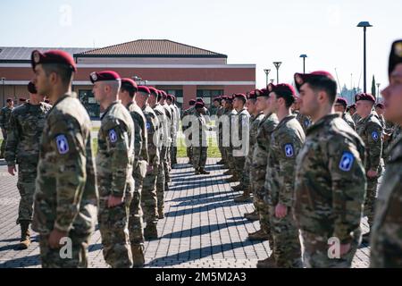 U.S. Army paratroopers are inducted into the 173rd Airborne Brigade as 'Sky Soldiers' during a unit patching ceremony at Caserma Del Din in Vicenza, Italy on March 24, 2022.    The 173rd Airborne Brigade is the U.S. Army's Contingency Response Force in Europe, providing rapidly deployable forces to the United States European, African, and Central Command areas of responsibility. Forward deployed across Italy and Germany, the brigade routinely trains alongside NATO allies and partners to build partnerships and strengthen the alliance. Stock Photo