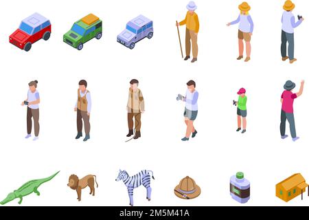 Jeep safari icons set. Isometric set of jeep safari vector icons for web design isolated on white background Stock Vector