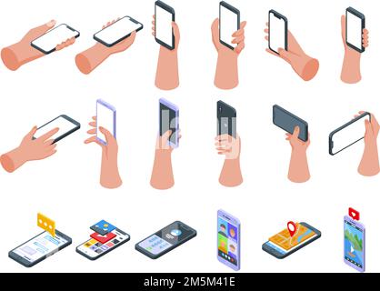 Hand holding phone icons set. Isometric set of hand holding phone vector icons for web design isolated on white background Stock Vector