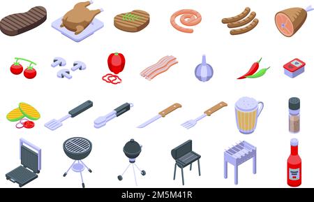 Grilled food icons set. Isometric set of grilled food vector icons for web design isolated on white background Stock Vector
