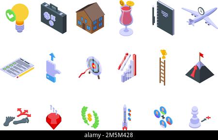Realization icons set isometric vector. Dream self victory. Success leader forward Stock Vector
