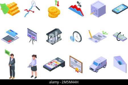 Bank reserves icons set isometric vector. Check gold money. Accounting moneybox Stock Vector