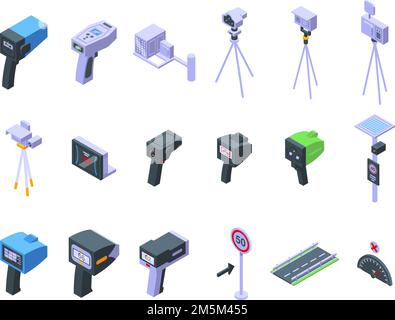Speed radar icons set isometric vector. Alert camera. Digital car device Stock Vector