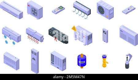 Repair air conditioner icons set isometric vector. Install heat. Industrial air Stock Vector