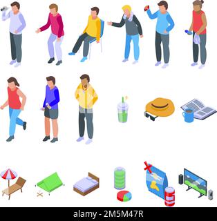 Resting athlete icons set isometric vector. Bored break. Casual towel Stock Vector