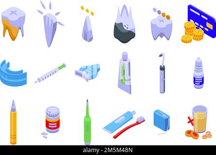 Teeth whitening icons set isometric vector. Tooth bright. Dental clean Stock Vector
