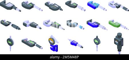 Digital micrometer icons set isometric vector. Ruler caliper. Centimeter device Stock Vector