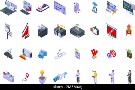 Search engine optimization icons set isometric vector. Search analysis. Global internet Stock Vector