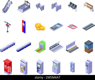 Subway ticket machine icons set isometric vector. Vending atm. Bank card Stock Vector