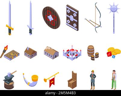 Medieval icons set isometric vector. History sword. Ancient people Stock Vector