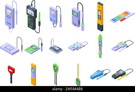 Ph meter icons set isometric vector. Acid chemical. Biology laboratory Stock Vector