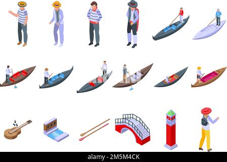 Gondolier icons set isometric vector. Venice bridge. Gondola boat Stock Vector